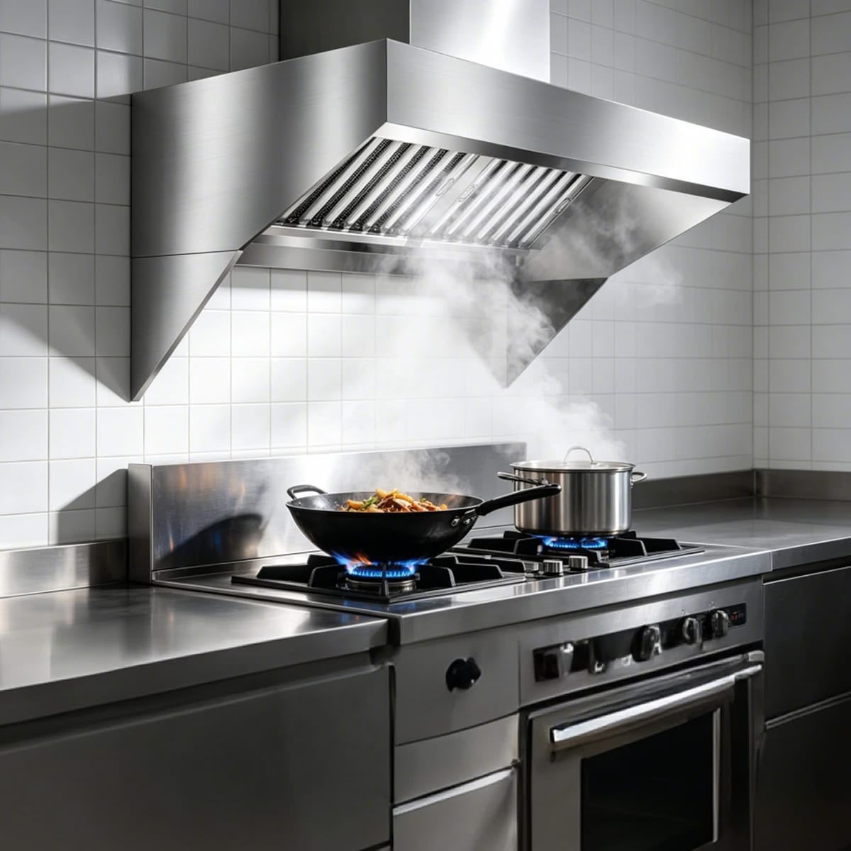Campana extractora industrial y línea de cocción en una cocina comercial